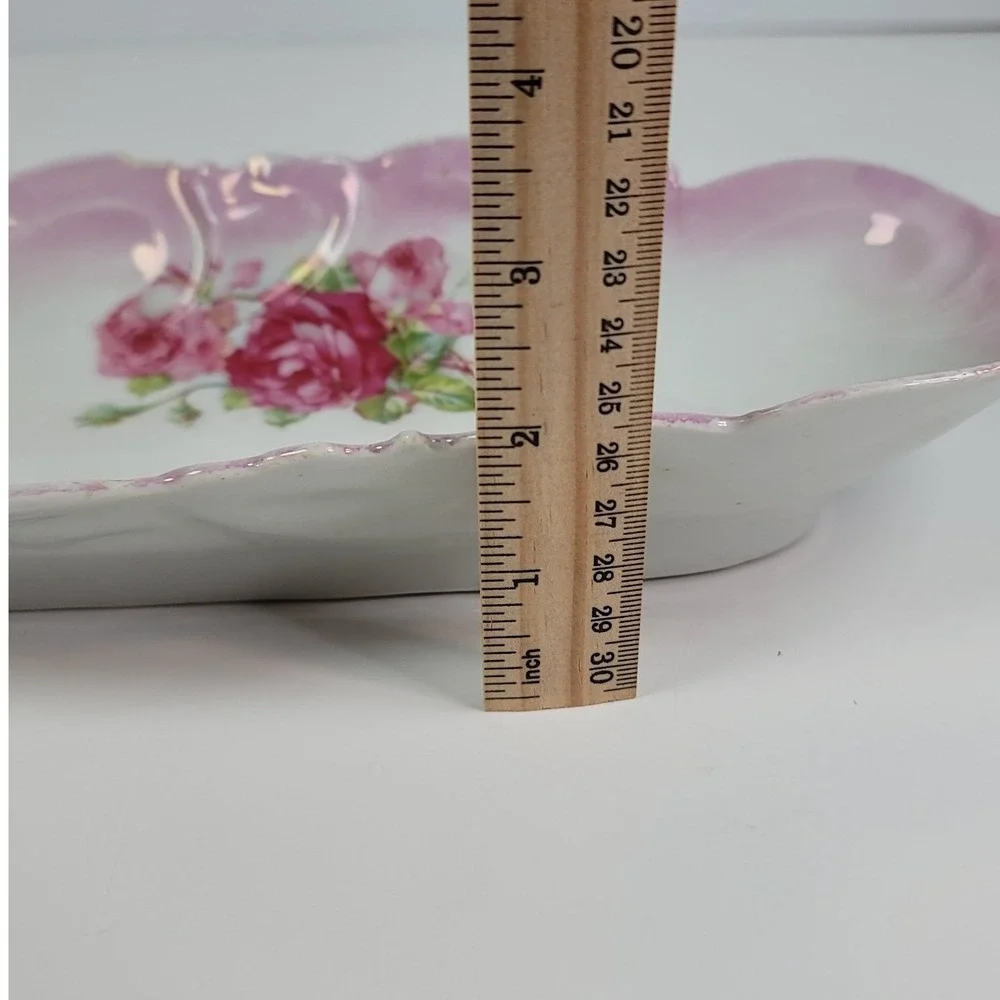 Vintage Porcelain Celery Dish Pink Rose Floral Scalloped Edge Serving Tray 12in